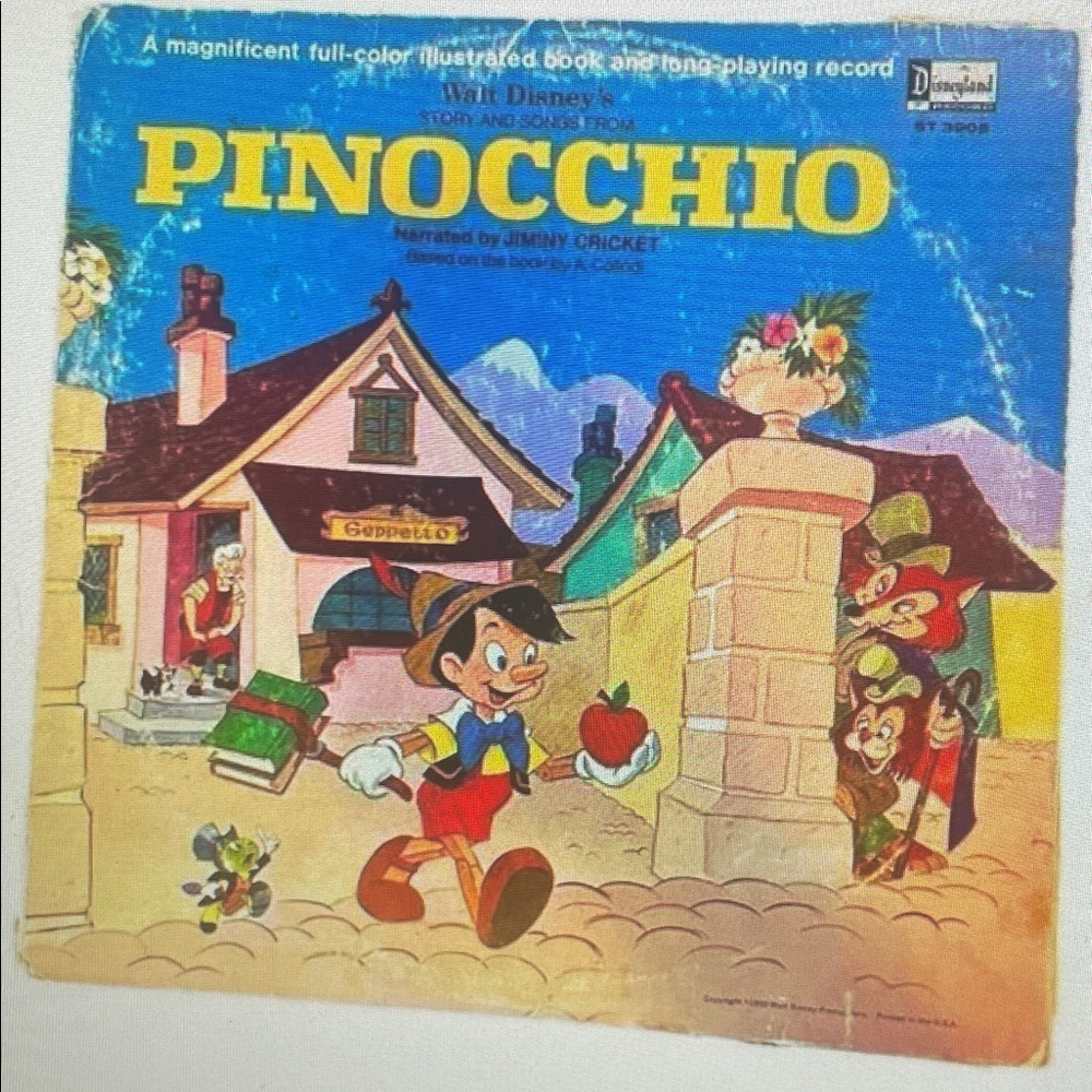 Disney Pinocchio Illustrated Record Cover with Bright Blue Artwork